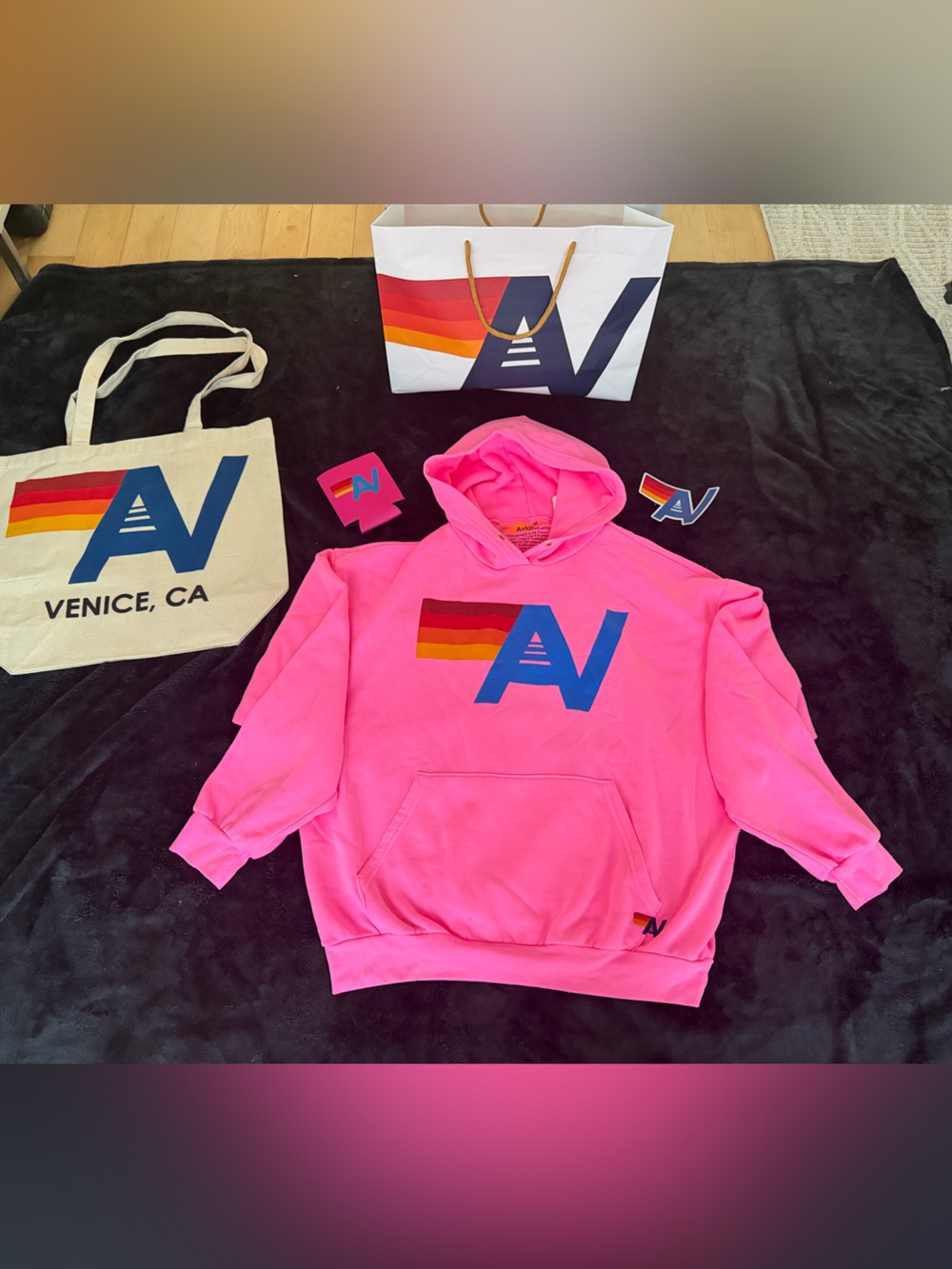 - - NWT Aviator Nation Relaxed Logo Pullover Hoodie Neon Pink Medium + Tote Bag
